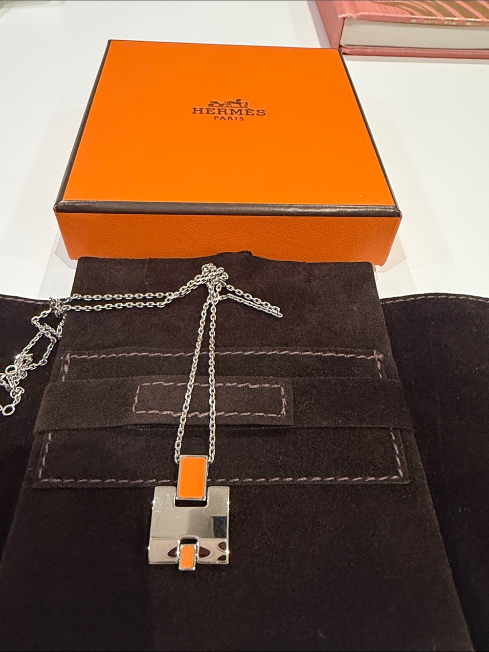 Hermes Silver H Pendant Necklace with Orange Enamel